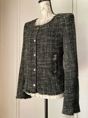 Stile Benetton Tweed Black and Green Tweed Zip Jacket Bell Sleeve Blazer